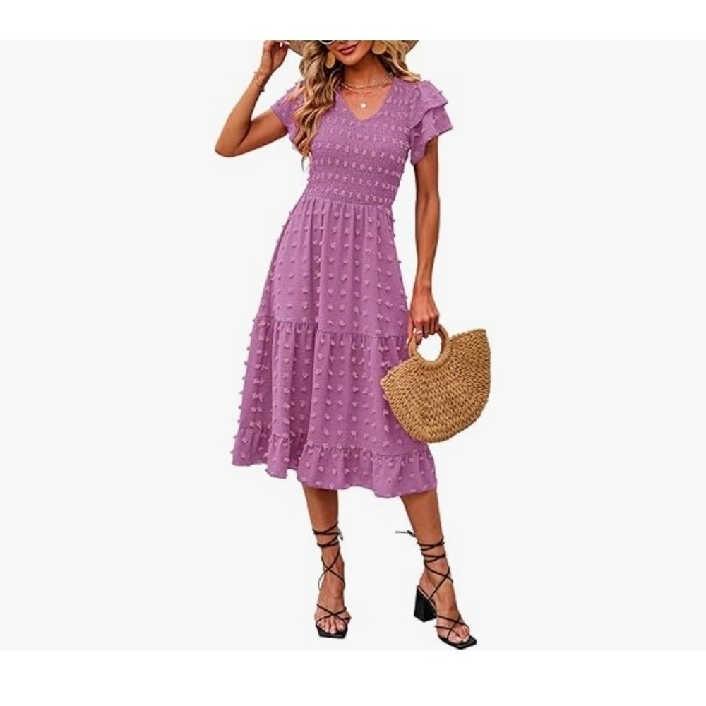 Purple‎ Smocked Tiered Midi Dress Ruffle Sleeve V Neck Textured Dots